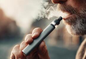 Bearded senior man vaping with electronic cigarette outdoors photo