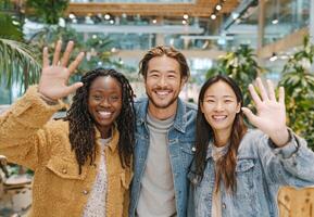 Three happy young adult colleagues waving hands in office hall photo