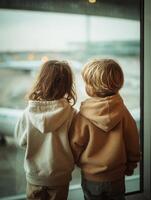 Two kids waiting for flight at airport window photo