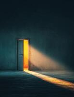 Open door illuminating dark room with golden light photo