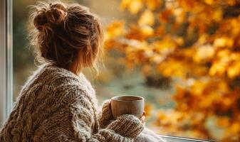 Woman in sweater enjoying autumn view photo