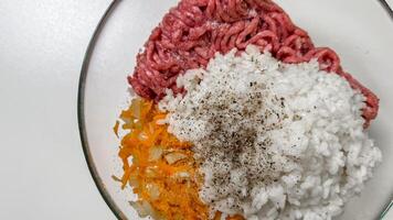 Minced symphony of beef, rice, grated carrots, pepper whispers Winter Solstice warmth, soul nourishing kimchi Mandu preparation, culinary fusion photo