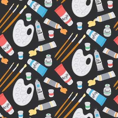 Hand drawn seamless pattern with art supplies including palettes, brushes and paint tubes on dark background. Concept of creativity, artistic hobby and colorful design tools