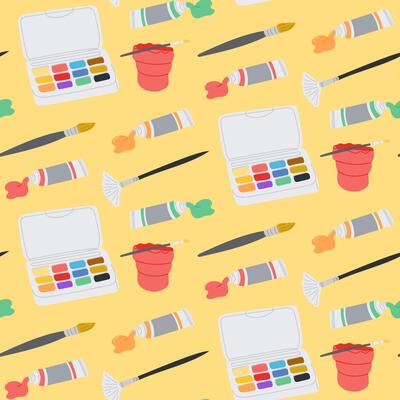 Seamless pattern with paint palettes, brushes and tubes, hand drawn in colorful flat style. Concept of creativity, art tools and artistic inspiration