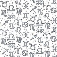 Zodiac sign pattern with hand drawn symbols and stars, seamless linear design. Concept of astrology, horoscope and cosmic energy. vector