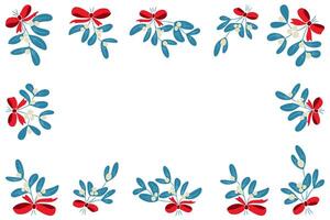 Mistletoe frame border with red bows and green leaves hand drawn in colorful style on white background. Concept of winter holiday decoration and festive greeting design vector