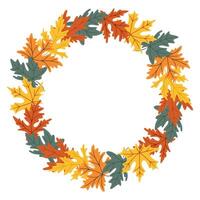 Round wreath made of colorful autumn maple leaves in orange, yellow, and green tones with empty center. Concept of fall decoration, seasonal celebration, and natural elegance. vector