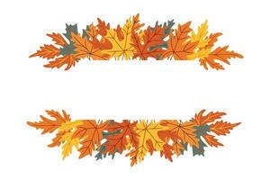 Hand drawn banner frame with colorful autumn maple leaves in orange, yellow and green, isolated on white background. Concept of fall decoration, seasonal greeting and nature design vector