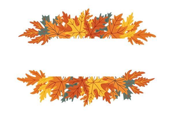 Hand drawn banner frame with colorful autumn maple leaves in orange, yellow and green, isolated on white background. Concept of fall decoration, seasonal greeting and nature design