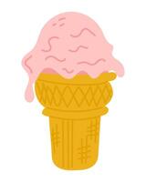 Strawberry ice cream in a waffle cone with pink melting scoop in simple flat style. Concept of summer sweetness, refreshing treat, and joyful indulgence. vector