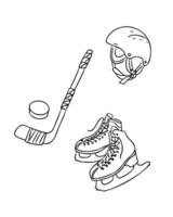 Hockey equipment set with helmet, skates, stick and puck hand drawn in black outline style on white background. Concept of winter sport and active lifestyle vector