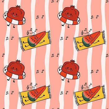 Seamless pattern with cute watermelon and pomegranate characters enjoying summer on the beach, music notes around them. Concept of fun, relaxation, and playful summer vibes vector