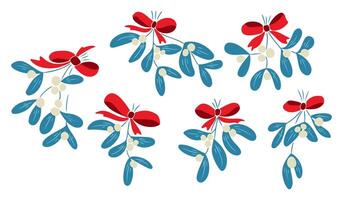 Mistletoe branches with red bows and white berries, hand drawn in simple flat style. Symbol of holiday decoration and winter celebration concept vector