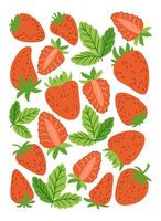 Strawberries and green leaves composition, hand drawn in bright flat style. Concept of summer freshness, healthy food and natural sweetness. vector