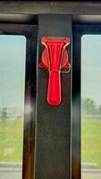 Vivid red emergency hammer poised against bus window, symbolizing unexpected escape routes, aligns with quirky Bus Safety Week narratives photo