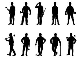 A collection of silhouettes of handsome men holding hammers on a white background. vector