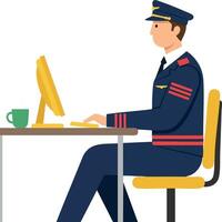 Pilot working on computer in uniform with cap and coffee cup sitting on office chair illustration vector
