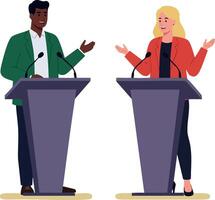Two people debating at podiums in formal attire discussing ideas and communication for public speaking or politics illustration vector