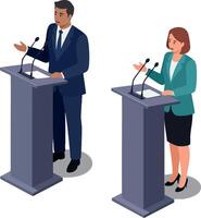 Two people debating at podiums in formal clothing presenting arguments in a professional setting illustration vector