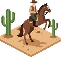 Cowboy riding rearing horse in desert with cactus plants and sandy terrain illustration vector