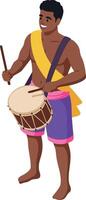 Man playing traditional drum with stick in colorful clothing and yellow sash illustration vector