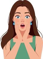 Young woman surprised with open mouth and hands on cheeks expressing shock and amazement illustration vector