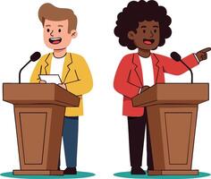 Two diverse people debating on stage with microphones and wooden podiums in professional attire illustration vector