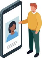 Man using smartphone with call screen showing woman in blue top technology concept vector