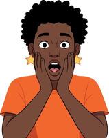 Surprised young person with afro hairstyle wearing orange shirt and star earrings expressing shock and amazement in art vector