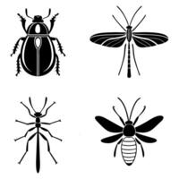 Four Types of Insects Drawn as Black and White Silhouettes Illustrating a Beetle, a Mosquito, an Ant, and a Bee vector