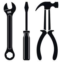 Collection of Tools Adjustable Wrench, Screwdriver, and Hammer with Pliers in a Simple Black and White Design vector