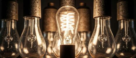 Warm glowing vintage light bulbs in close-up view photo