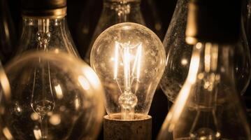 Bright light bulb glowing among dusty broken lamps photo