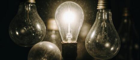 Illuminated light bulb among other lamps photo