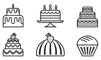 A Variety of Black and White Cake Illustrations, Including Tiered Cakes, Cakes on Stands, and a Cupcake with a Simple Design vector