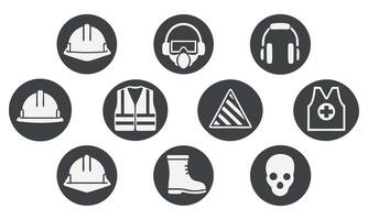 Safety First Workplace Icons with Hard Hats, Protective Gear, Warning Signs, and Safety Equipment Illustrating Commitment to Worker Well-being vector