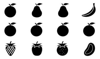 Black and White Fruit Icons Featuring Apples, Pears, Bananas, Strawberries, and Mango, Ideal for Educational Material and Design vector