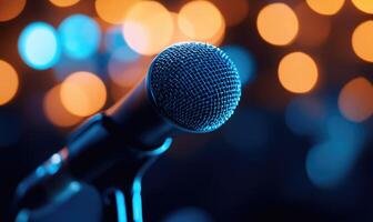 A microphone is shown with a blurry background photo