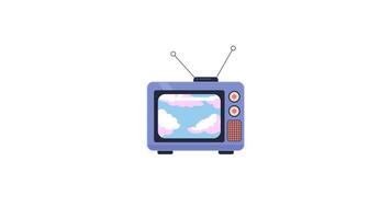 Vintage TV displaying pink clouds in blue sky 2D cartoon object animation. Retro television with antennas, dreamy cloudscape. Nostalgia revival animated flat colorful item 4K isolated on white video