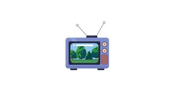 Retro TV displaying green trees park landscape 2D cartoon object animation. Vintage television with antennas. Nature onscreen. Nostalgia revival animated flat colorful item 4K isolated on white video