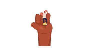 Tiny man standing on giant black hand 2D character animation. Surreal guidance. Bearded caucasian guy perched on palm looking forward animated person cartoon 4K isolated on white transparent video