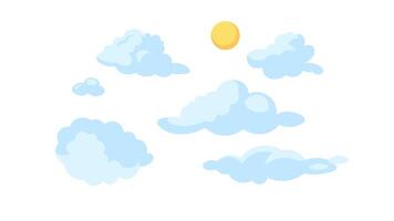 Sun and blue clouds floating in sky 2D cartoon object animation. Sunny cloudscape. Daytime summer weather sunlight. Bright day cloudy skyscape animated flat colorful item 4K isolated on white video