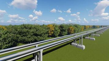 A 3d rendering of a long bridge over a green field video