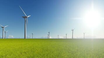 Wind turbines in a green field with the sun shining video