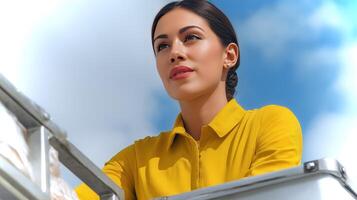 A woman in a bright yellow top looks up with a thoughtful expression while participating in an outdoor activity on a sunny day. photo