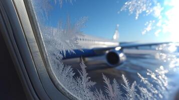 Frost patterns decorate the airplane window as the aircraft sits on the runway surrounded by a clear blue sky, preparing for takeoff on a cold winter day. photo