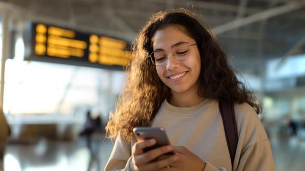 A young woman with curly hair and glasses smiles while looking at her smartphone in a bright airport terminal filled with travelers. photo