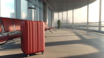 A solitary red suitcase awaits in an airport terminal. The empty seating area and soft afternoon light create a calm atmosphere for travelers. photo