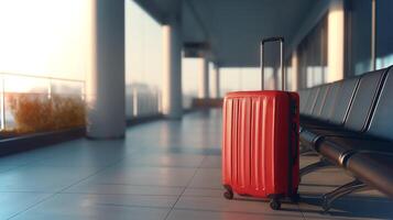 A red suitcase rests on the floor beside empty waiting chairs in a modern airport terminal illuminated by soft morning light. photo
