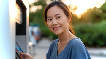 A young woman stands at an ATM in a park during sunset, joyfully interacting with the machine while displaying a warm smile. photo